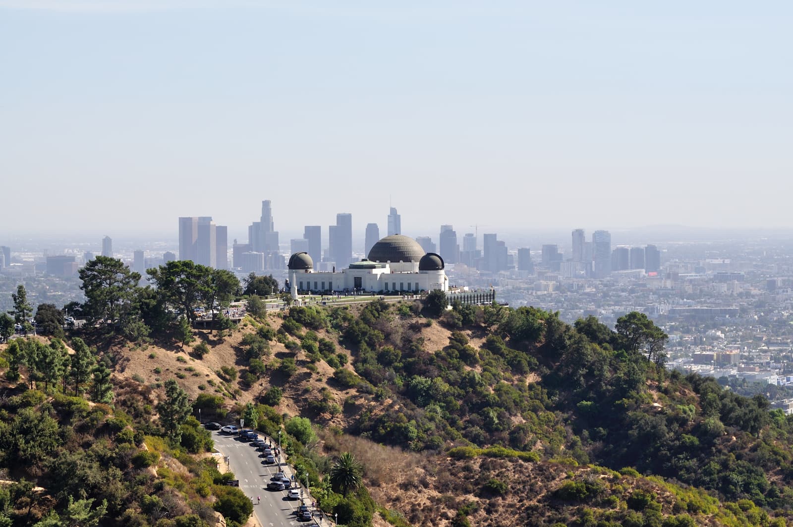 Griffith Observatory above the Los Angeles basin with the downtown skyline behind